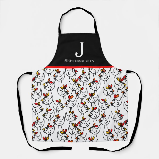 Monogram Modern Funny Chicken Adult Apron in Black (Front)