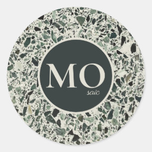 Monogram Modern Green Terrazzo Classic Round Sticker