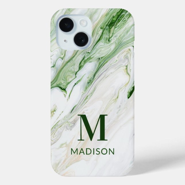 Monogram Modern Green White Stylish Personalised Case-Mate iPhone Case (Back)