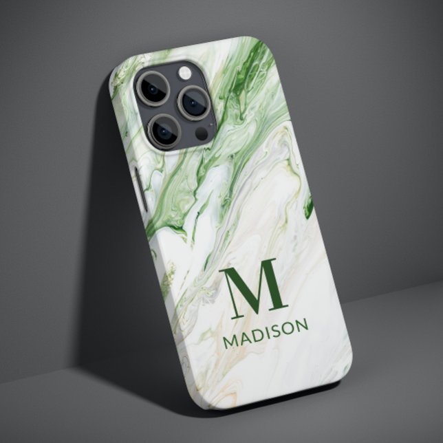 Monogram Modern Green White Stylish Personalised Case-Mate iPhone Case (Creator Uploaded)