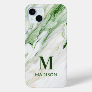Monogram Modern Green White Stylish Personalised iPhone 15 Mini Case
