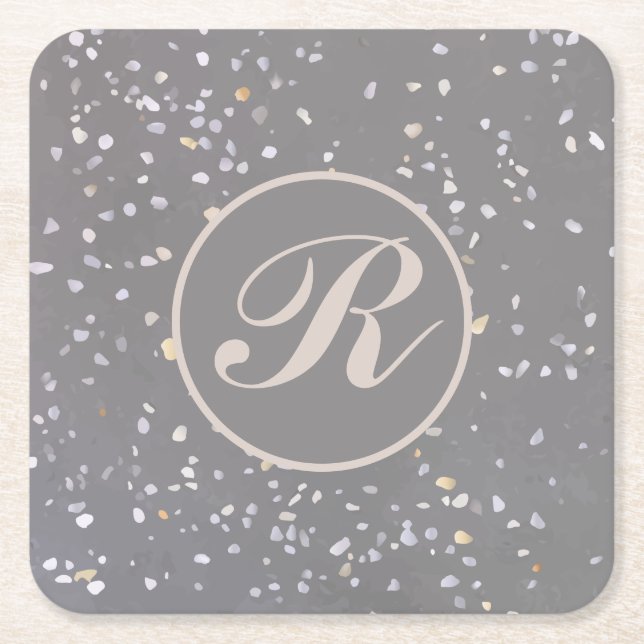 Monogram Modern Grey Terrazzo  Square Paper Coaster (Front)