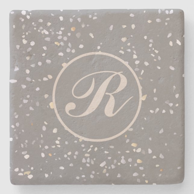 Monogram Modern Grey Terrazzo  Stone Coaster (Front)