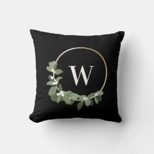 Monogram Modern Half Wreath Green Black Christmas Cushion