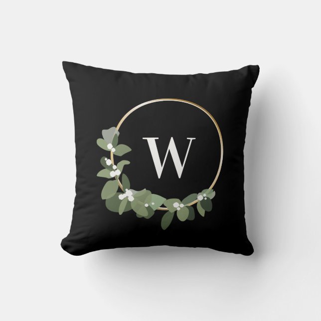 Monogram Modern Half Wreath Green Black Christmas Cushion (Front)