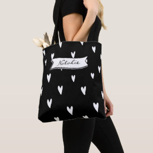 Monogram modern heart pattern in black and white tote bag