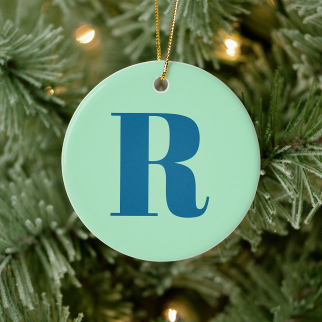 Monogram Modern Initial Letter Neo Mint Green Navy Ceramic Ornament (Tree)