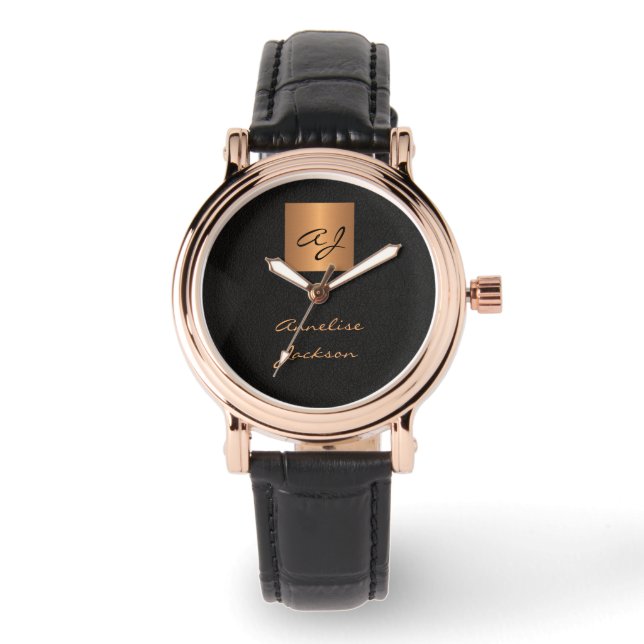 Monogram modern initials black name script elegant watch (Front)