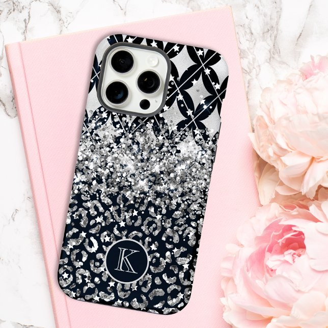 Monogram Modern Leopard Print Glitter Personalised iPhone Case (Creator Uploaded)