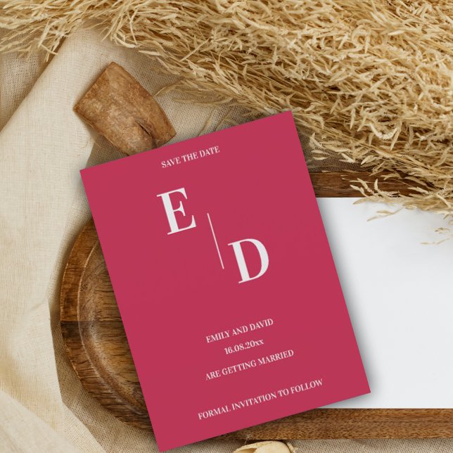 Monogram Modern Magenta Wedding Save The Date Announcement Postcard (Creator Uploaded)