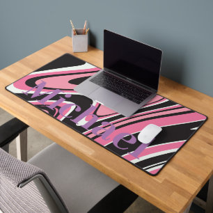 Monogram modern marble l Pink and black Desk Mat