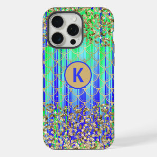 Monogram Modern Mermaid Glitter Green Blue iPhone 15 Pro Max Case