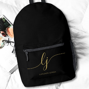 Monogram Modern Minimal Black Gold Initials Printed Backpack