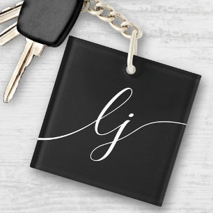 Monogram Modern Minimal Elegant Black White Script Key Ring