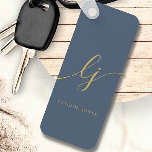 Monogram Modern Minimal Elegant Navy Blue Gold Key Ring
