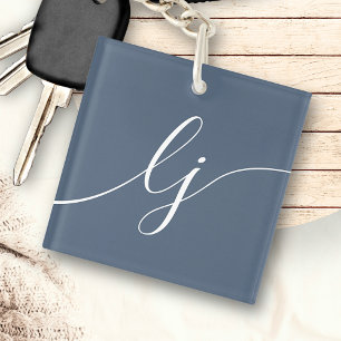 Monogram Modern Minimal Elegant Navy Blue Script Key Ring
