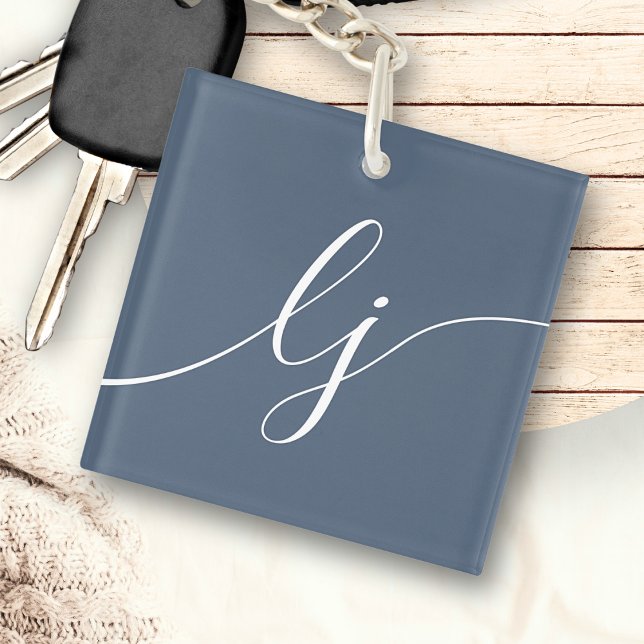 Monogram Modern Minimal Elegant Navy Blue Script Key Ring (Creator Uploaded)