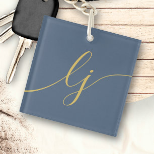Monogram Modern Minimal Elegant Navy Gold Script Key Ring