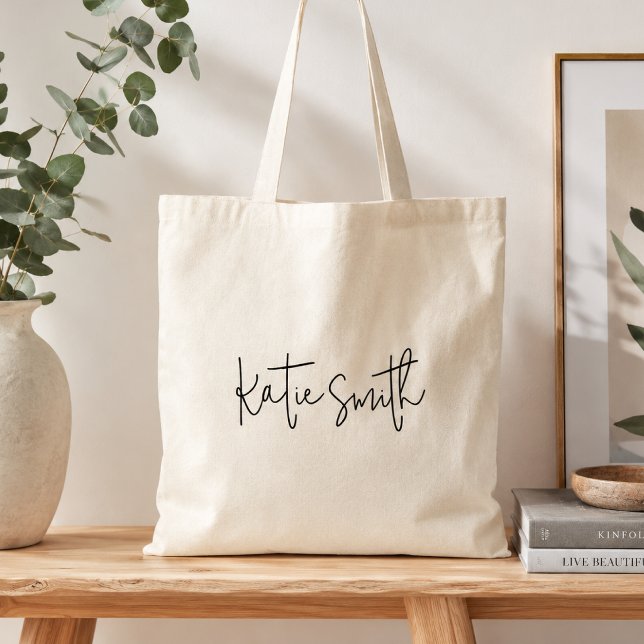 Monogram Modern Minimal Handwritten Script Tote Bag (Personalized name tote bag with clean script styling for everyday errands, work, and gifts.)