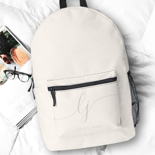 Monogram Modern Minimal Ivory Pink Script Initials Printed Backpack (Creator Uploaded)
