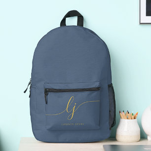 Monogram Modern Minimal Navy Blue Gold Initials Printed Backpack