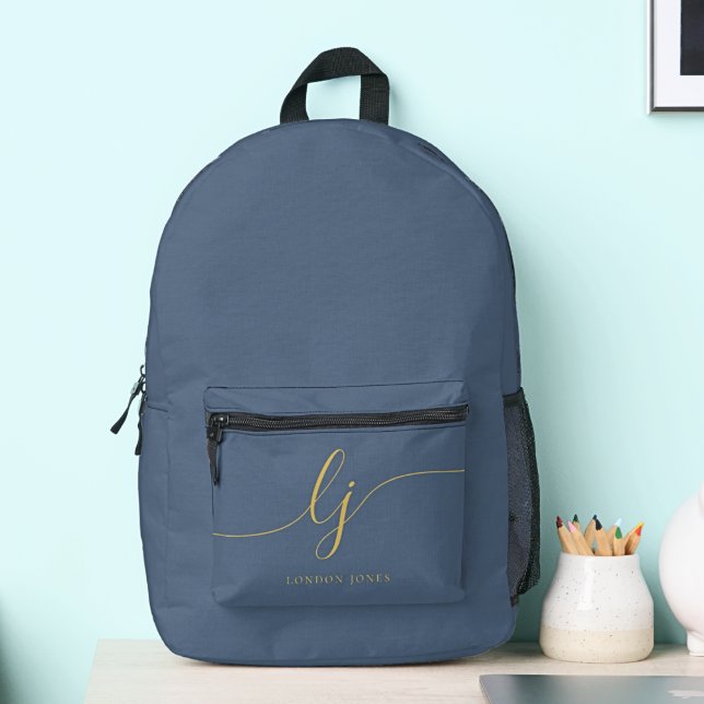 Monogram Modern Minimal Navy Blue Gold Initials Printed Backpack (Creator Uploaded)