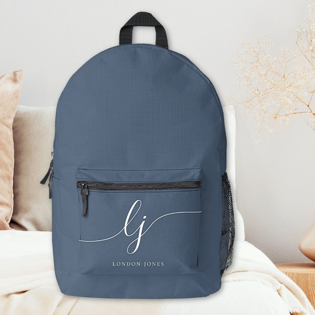 Monogram Modern Minimal Navy Blue White Initials Printed Backpack (Creator Uploaded)