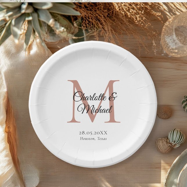 Monogram Modern Minimal Paper Plate (Monogram Modern Minimal Wedding Paper Plates with your names and date.)