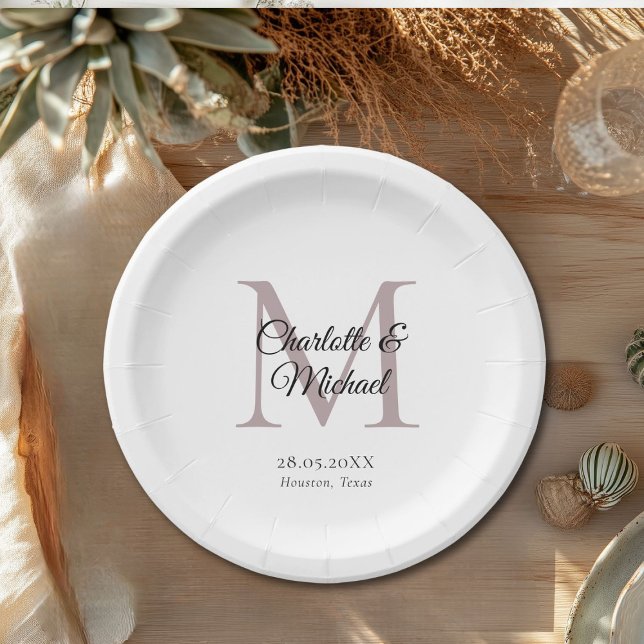 Monogram Modern Minimal Paper Plate (Monogram Modern Minimal Wedding Paper Plates with your names and date.)