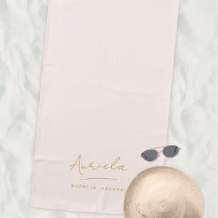 Monogram Modern Minimal Stylish Blush Pink Gold Beach Towel