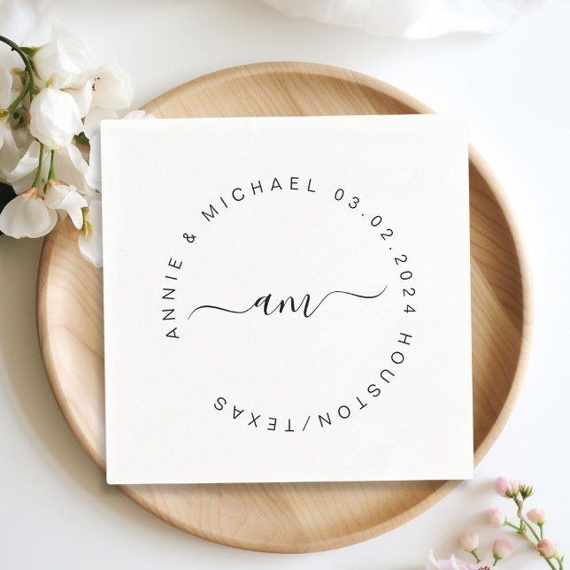 Monogram,Modern, Minimal Wedding Napkin (Monogram, modern, minimal, white wedding napkin. Personalized with your name and date.)
