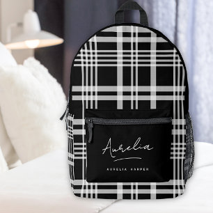 Monogram Modern Minimalist Black Script Plaid Printed Backpack