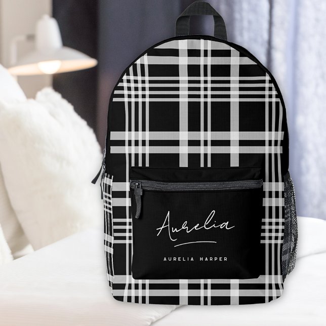 Monogram Modern Minimalist Black Script Plaid Printed Backpack (Creator Uploaded)