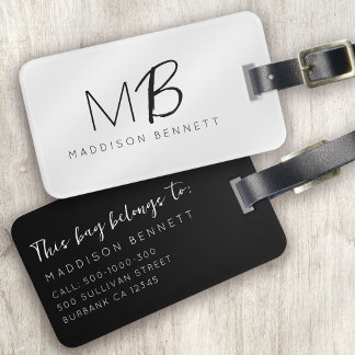 Monogram Modern Minimalist Black White Luggage Tag