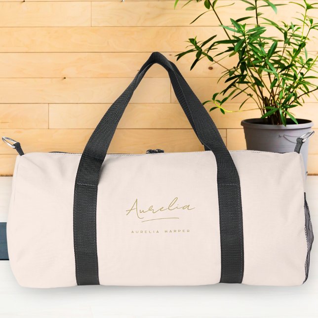Monogram Modern Minimalist Blush Pink Gold Script Duffle Bag (Creator Uploaded)