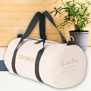 Monogram Modern Minimalist Blush Pink Gold Script Duffle Bag