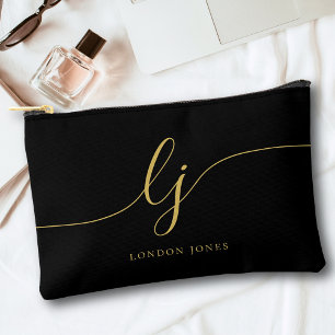 Monogram Modern Minimalist Calligraphy Black Gold Accessory Pouch