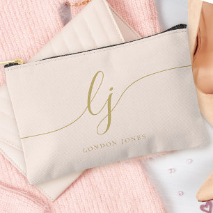 Monogram Modern Minimalist Calligraphy Blush Gold Accessory Pouch