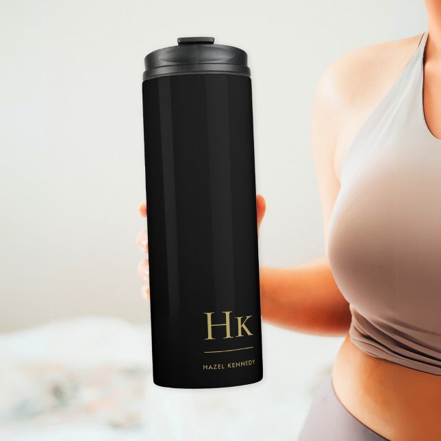 Monogram Modern Minimalist Chic Black Gold Thermal Tumbler (Creator Uploaded)