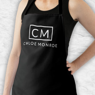 Monogram Modern Minimalist Classic Black White Apron