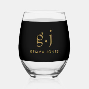 Monogram Modern Minimalist Gold Black Stemless Wine Glass