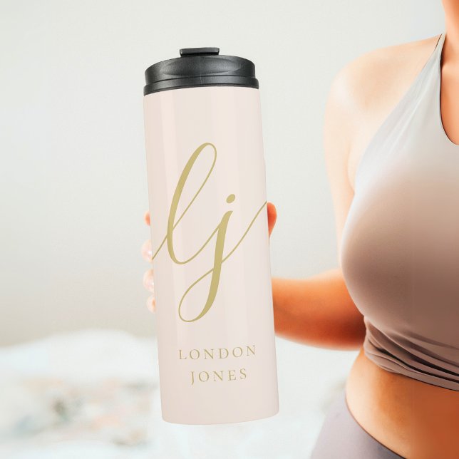 Monogram Modern Minimalist Gold Script Calligraphy Thermal Tumbler (Creator Uploaded)