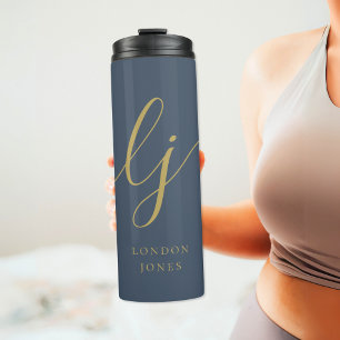 Monogram Modern Minimalist Navy Gold Calligraphy Thermal Tumbler