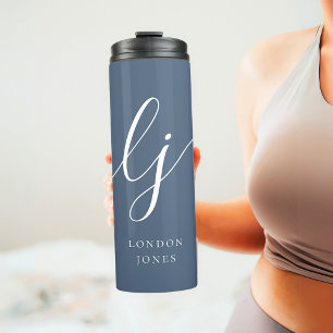 Monogram Modern Minimalist Navy White Calligraphy Thermal Tumbler