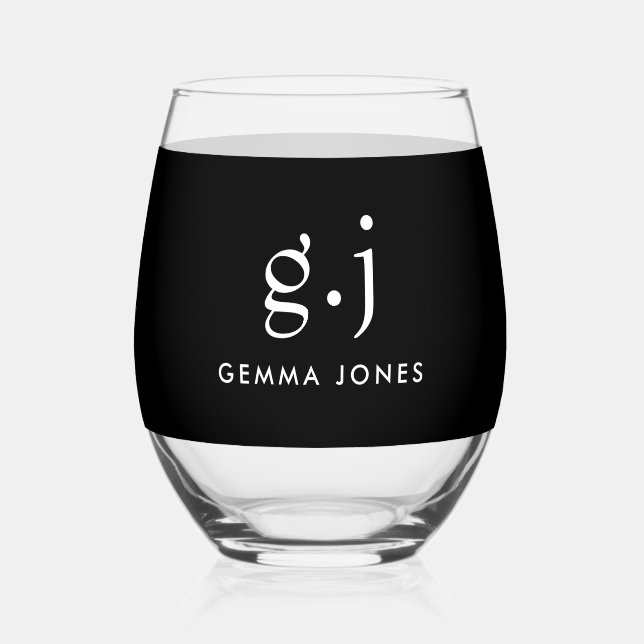 Monogram Modern Minimalist White Black Stemless Wine Glass (Front)