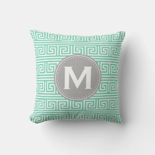 Monogram Modern Mint Greek Key Pattern Cushion