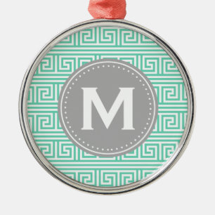 Monogram Modern Mint Greek Key Pattern Metal Ornament