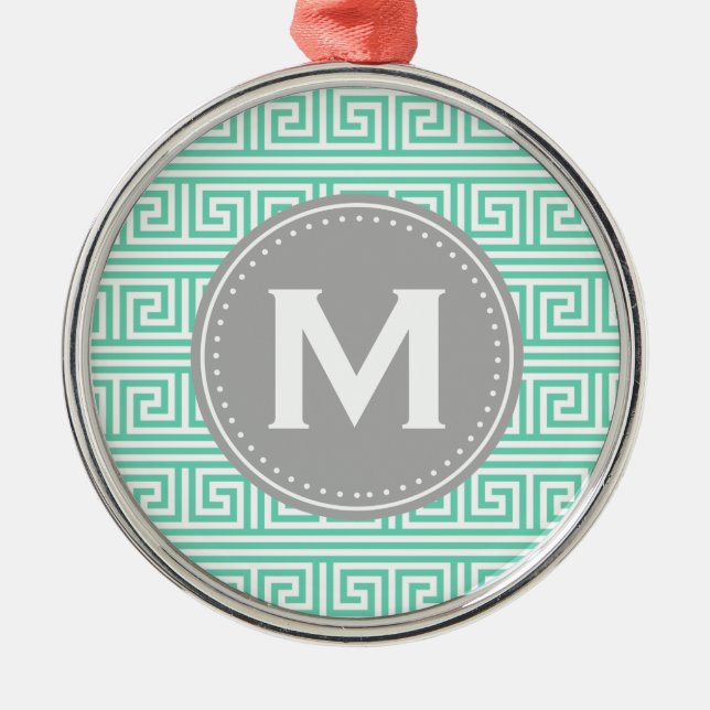 Monogram Modern Mint Greek Key Pattern Metal Ornament (Front)