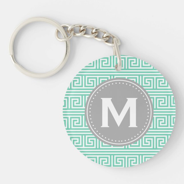 Monogram Modern Mint Greek Key Pattern Ring (Front)