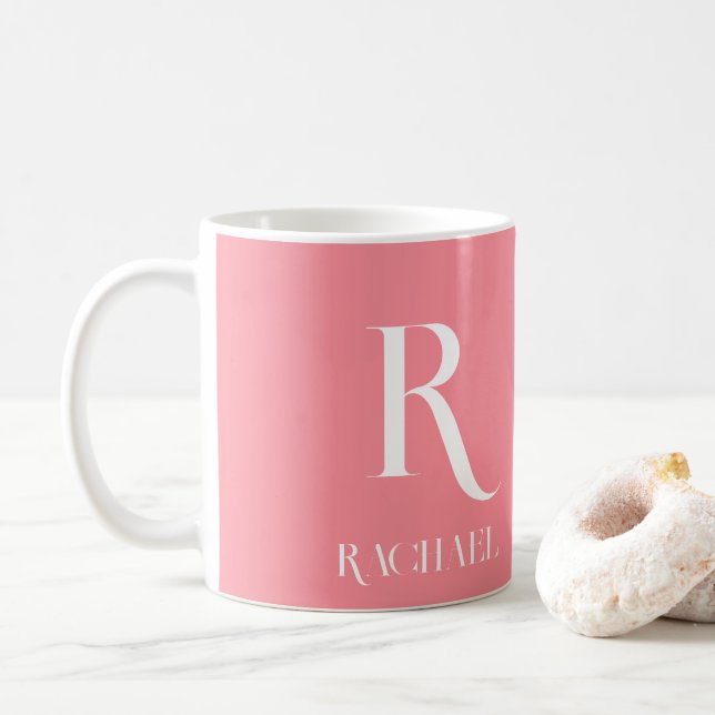 Monogram Modern Name Stylish Pink Coffee Mug (With Donut)